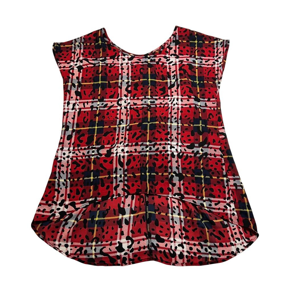Women's Scoop Neck Cap Sleeve Plaid Leopard Print Blouse Size M Maximalist
